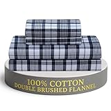 Feather & Stitch 100% Cotton Flannel Full Sheet Set, 4 Piece Brushed Cotton Flannelette Flat Sheet, Winter Fitted Sheet, Heavy Weight Bedding, 16' Deep Pocket, 2 Pillow Cases (Blue Plaid)