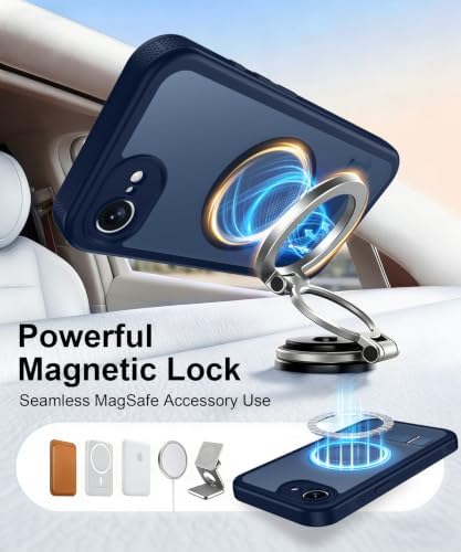 WAVELIFE for iPhone 17e Case & iPhone 16e Case, Built-in Kickstand,Included Glass Screen Protector, Compatible with MagSafe, Military Grade Shockproof, Full-Body Bumper Matte Phone Cover 6.1" -Blue - 3