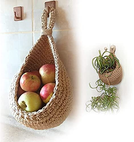 Hanging Wall Vegetable Fruit Baskets Jute Eco Teardrop Hanging Basket, Hand Woven Kitchen Hanging Storage Farm House Basket (D-8.5") Cover