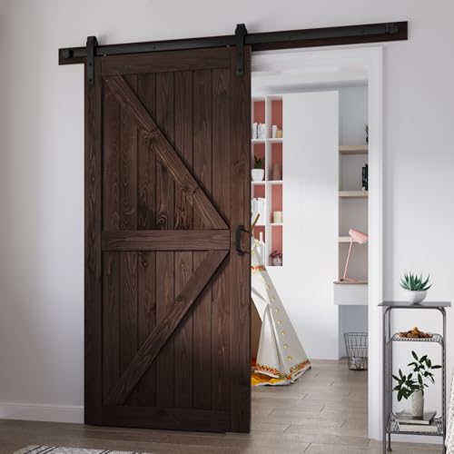 Image of FREDBECK 42 x 96 Brown Wood Barn Door with Hardware Included,K-Frame,Coffee