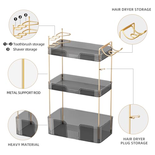 Image of Akinbas 3 Tier Bathroom Organizer Countertop Makeup Perfume Tray Skincare Organizer Comes with Hair Dryer Rack and Toothbrush Holder for Bathroom Dresser Vanity (Grey)