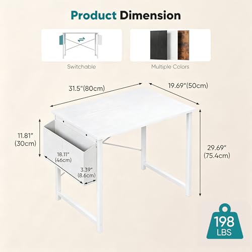 Image of OLIXIS Small Computer Desk, 31 Inch Gaming Desks for Home Office | Writing Study Craft Work Table, Computer Workstation for Bedroom Small Spaces with Storage Bag, All White