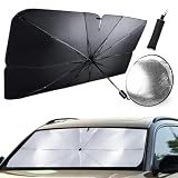 Parasol Coche Delantero 140x80 cm Tipo Paraguas + Protector de Volante Anticalor, Pack 2 en 1 para Reducir Calor Interior, Sombrilla Parabrisas Coche Plegable Universal con Funda