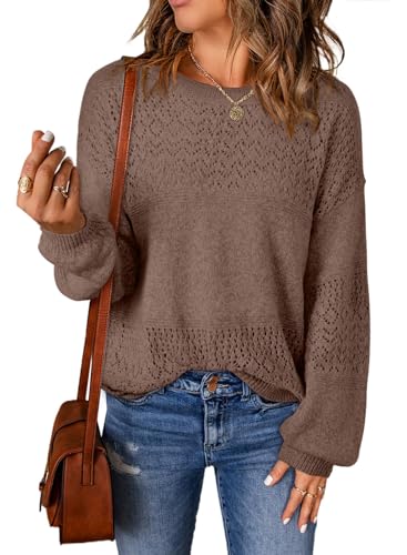 Image of SHEWIN Women's Sweaters Casual Long Sleeve V Neck Crewneck Lightweight Crochet Pullover Sweater Tops