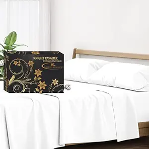 Knight Kavalier 100% Cotton 3 PCs Bedsheet- King Bed Sheet Set- Premium Satin Finish 400 Thread Count Flat Sheet Set- Durable, Breathable, Luxury Feel, Hotel Style Set- White Solid