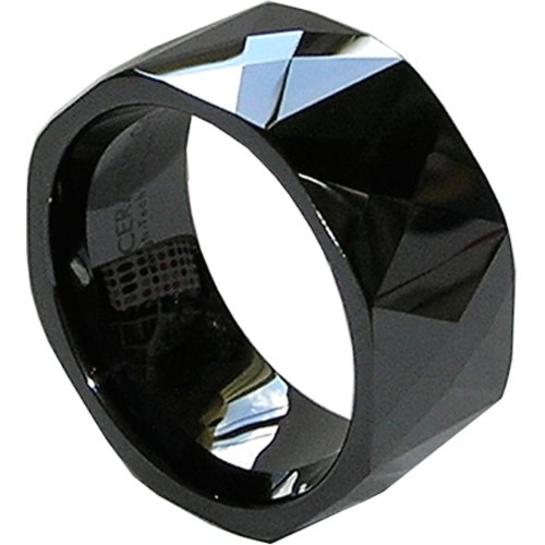 GESTALT COUTURE® Black Faceted Diamond Cut Ceramic Ring. 10MM. Comfort Fit.