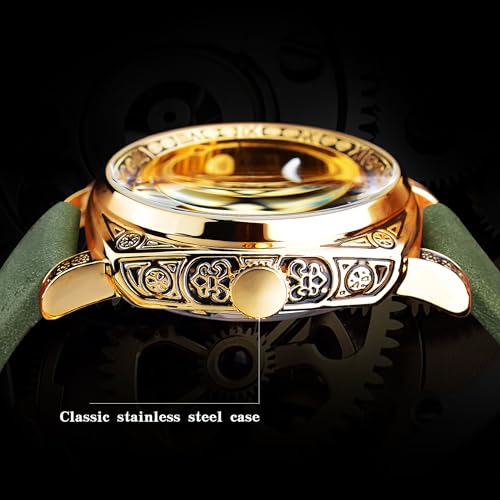Image of FORSINING Fancy Watches for Men, Square Retro Mechanical Watch Self-Wind Carved, Gear Movement Golden Skeleton Automatic Watches Vintage Leather Strap Wrist Watch
