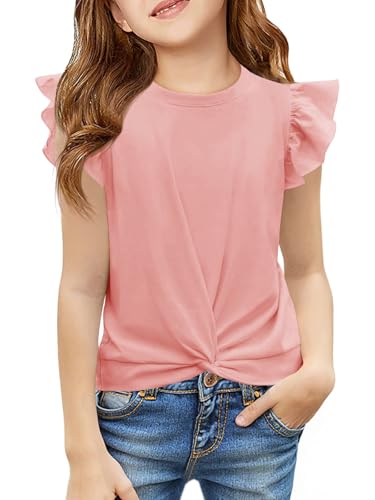 Image of Haloumoning Girls Ruffle Sleeve T Shirts Summer Crewneck Shirt 5-14 Years | Flutter Ruffle Short Sleeve, Twist Front, Casual, Solid, Loose Fit, Tees Tops