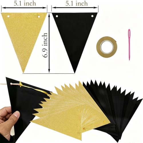 Image of Black and Gold Pennant Banner Christmas Paper Triangle Flag Hanging Decoration for Wedding Birthday Baby Shower Family Party（36pcs Triangle Flag）