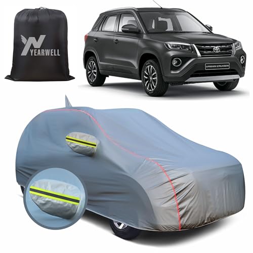 Image of Car Body Cover for Toyota Urban Cruiser Hyryder, 100% Waterproof, Heat-Resistant with Mirror & Antenna Pockets, Soft Cotton Lining, Triple Stitched, Green Reflector (Metallic Grey)