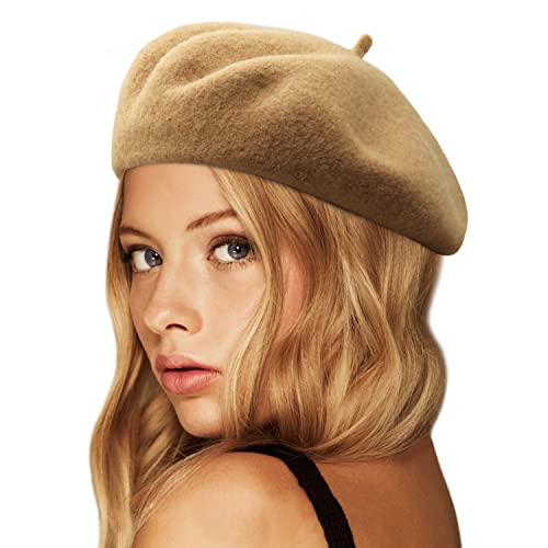 Wheebo Wool Beret Hat,Solid Color French Style Winter Warm Cap for Women Girls (Camel)