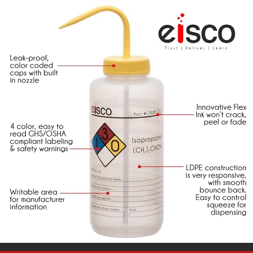 EISCO Wash Bottle for Isopropanol, 500ml - Labeled with Color Coded Chemical & Safety Information (4 Colors) - Wide Mouth, Self Venting, Low Density Polyethylene Labs - Thumbnail 7