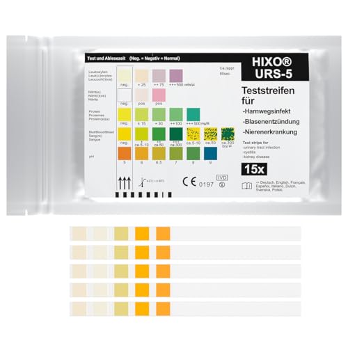 15x HIXO Harnwegsinfekt Teststreifen 5in1 Urin Selbsttest Urintrakt-Test Urinkontrolle zuhause bei Blasenentzündung & Nierenerkrankung Leukozyten Nitrit Protein Blut & pH-Wert