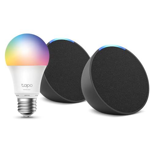 Echo Pop | Antracita, pack de 2 + Tapo L530EA Bombilla LED Inteligente (E27), Compatible con Alexa - Kit de inicio de Hogar digital