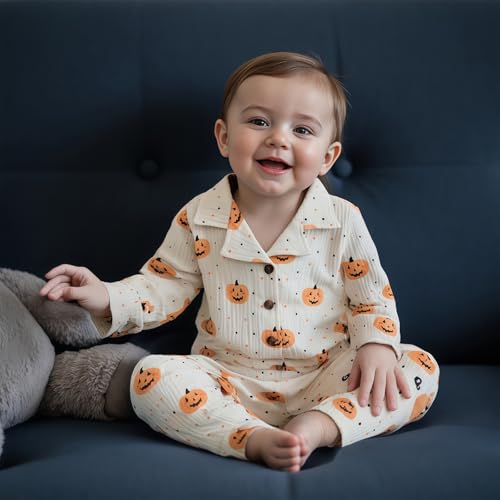 Carolilly 2Pcs Baby Halloween Pyjama Sets Kids Pjs Long Sleeve Pumpkin Print Lapel Button up Shirts Tops + Elastic Waist Pants Sleepwear Toddler Loungewear Sets (Apricot, 3-4 Years) - Image 2