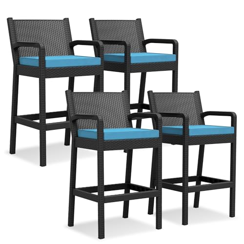 Garvee Patio Wicker Bar Stools Set of 4, 30 Outdoor Counter Height Barstools with Thickened Cushions, All-Weather Wicker Rattan Bar Chairs with Backrest & Footrest for Backyard, Pool, Balcony, Blue