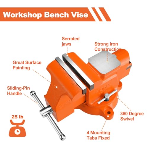 Image of PONY Heavy Duty Bench Vise, 5-inch Jaw Width 4-inch Opening, Swivel Base With Anvil, Utility Combination Pipe Home Vise for Woodworking, One-Pair Jaw Pad Included