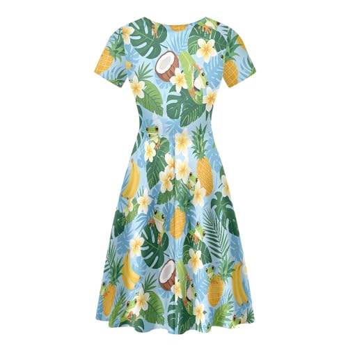 Image of Forchrinse Frog Dresses for Women Plus Size Hawaiian Monstera Crewncek Midi Dress Casual Short Sleeve A Line Dress Summer Beach Sundress Size S-4XL