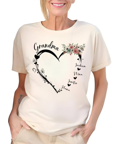 Custom Grandma Shirt with Grandkids Names Custom Floral Heart Shirts on Mother Day Personalized Grandma Shirt from Grandchildren Customize Soft Cotton T-Shirt for Women