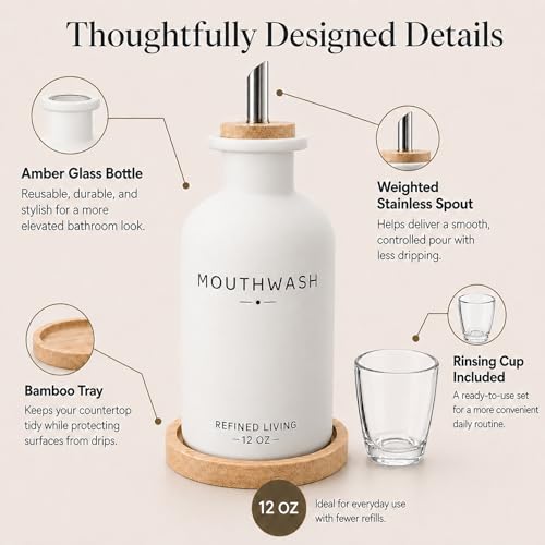 Image of Mouthwash Dispenser for Bathroom, 12 OZ Refillable Glass Mouthwash Bottle with Cup and Bamboo Tray, Decorative Mouth Wash Dispenser Set for Bathroom (White)