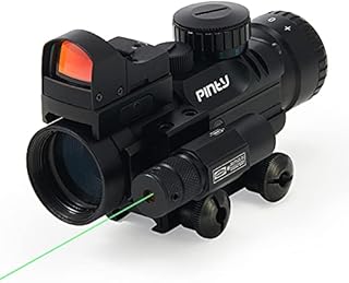 Pinty 4x32 Rifle Scope with 3MOA Red Dot Sight and Green Laser for 20mm Picatinny or Weaver Rail Long Guns and Handguns, RGB Illuminated Rangefinder Scope Combo for Guns Rifles