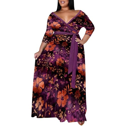 Image of SUZONANA Women's Plus Size Maxi Dresses Casual Loose Short Sleeve Long Maxi Dress with Belt Wedding