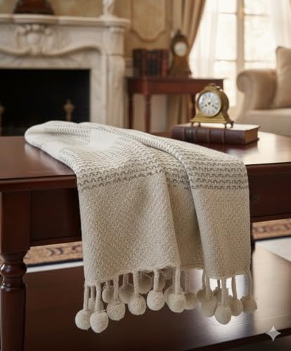 Image of HAKAM Biege Chevron Throw Blanket with Pom Poms | Soft Woven Decor for Couch, Bed, Living Room, Farmhouse Decorative | Cream Beige, 125x150 cm (Pack of 1)