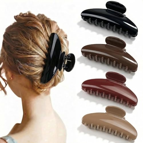 4Pcs Large Claw Hair Clips for Women 4-Inch Durable Hair Claw Clips Smooth & Easy to Wear|No Snagging & a Secure Grip Fashion Hair Accessories for Thin & Medium Thick Hair(Black Red Brown Coffee)