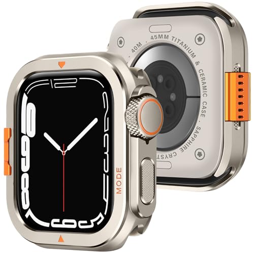 Amizee Metal Case Compatible with Apple Watch Series 9/8/7 45mm with Back Cover Rugged Protective Bumper Cover for iWatch 45mm Titanium