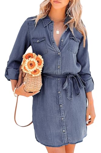 utcoco Women's Casual Button Down Jean Shirt Dress Long Sleeve Tie Waist Lightweight Denim Shirt Dress
