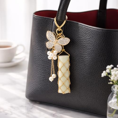 Image of MAYCREATE Bag Charms Y2K Metal Net Lipstick Holder Keychain with Touch Up Mirror, Fashion Golden Makeup Lipstick Balm Organizer Portable Chic Bag Charm Accessories