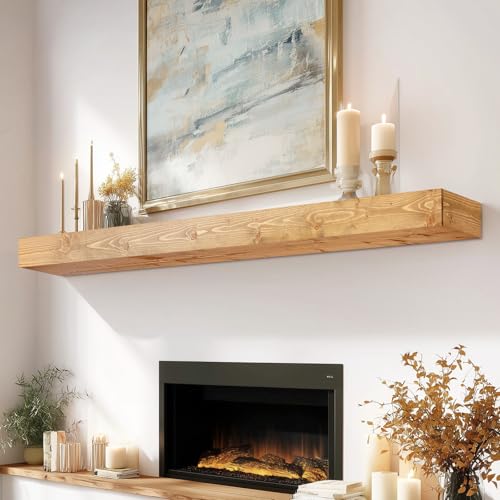 ABSWHLM 60x8x3 Fireplace Mantel - Handcrafted Hollow Rustic Solid Wood Wall Mounted Floating Shelf with Invisible Heavy Duty Wood Bracket (Natural Wood)