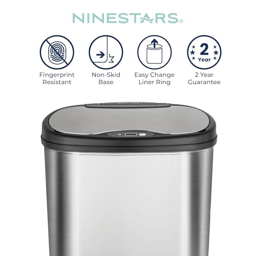 Image of Ninestars 13 Gallon Oval Automatic Trash Can, 50L Touchless Motion Sensor Garbage Can with Odor-Sealing Lid & One-Touch Manual Mode, Silver Stainless Steel, Black Trim