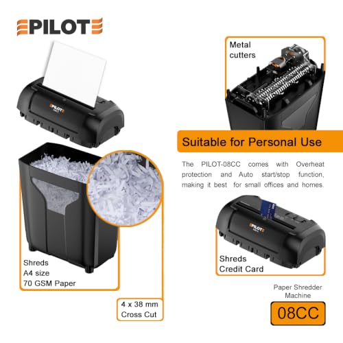 Image of Pilot 08CC 8-Sheet Cross Cut Paper Shredder Machine for Home & Small Office | Paper & Credit Card Shredder | High Security 4 x 38 mm Cut | 15L Bin | Auto Start /Stop | 6 Months Carry-in Warranty