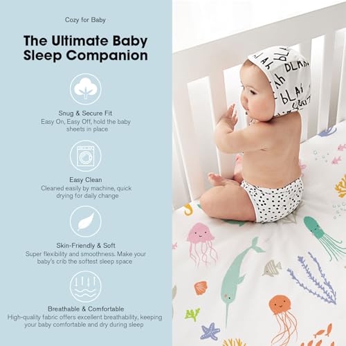Image of Bimocosy Pack and Play Sheets Fitted 4 Pack, 38 x 26 Inch Pack n Play Mini Crib Sheets for Boys and Girls, Soft Stretchy Playard Mattress Sheets for Graco Pack n Play, Ocean World