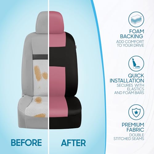 Image of BDK PolyPro Car Seat Covers Full Set in Pink on Black - Front and Rear Divided Seat Covers for Cars Easy to Assemble Accessories Car Trucks Van SUV - Pink
