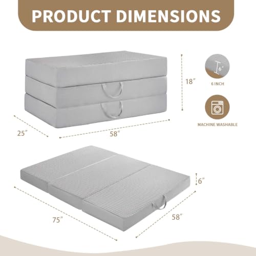 Image of Folding Mattress Queen Size, 6 inch Trifold Mattress Futon Murphy Bed,Grey