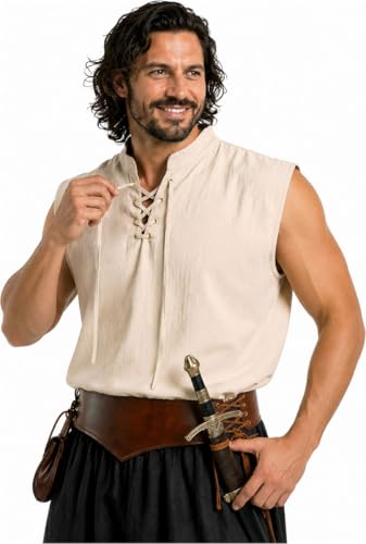 Medieval Viking Sleeveless Shirt for Men Renaissance Pirate Tunic with Lace-Up Stand Collar for LARP Cosplay