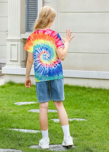 Image of SunFoucs Girls Kids Shirts Size 5-12 Tie Dye Casual Tshirt Short Sleeve Crewneck Tee Top | Short Sleeve Rainbow Tee Top