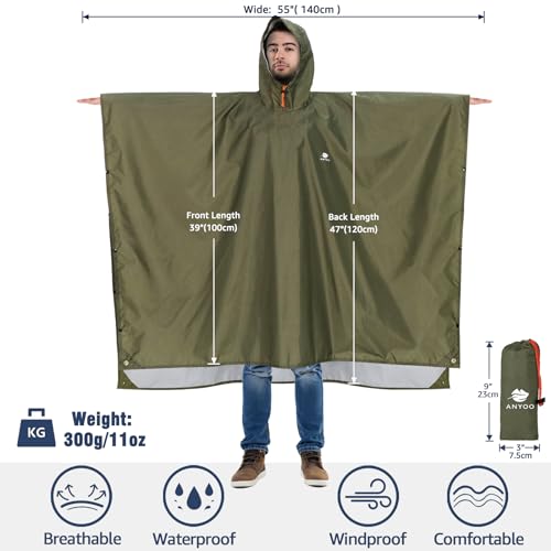 Anyoo Poncho de chuva à prova d'água, leve, reutilizável, com capuz, jaqueta para atividades ao ar