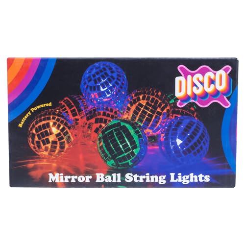 Fizz Creations Disco Mirror Ball String Lights. Includes 10 Multicolour LED Mini Mirror Balls on 170cm String. Battery Powered. Indoor Wall Decor for Home Party Retro AnniversaryBedroom Disco Lights.