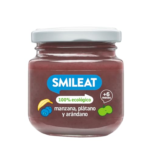 Smileat - Tarrito de Frutas Ecológicas con Manzana, Plátano y Arándano +6 Meses - Sin Azúcares Añadidos, Sin Leche ni Huevo - 130g