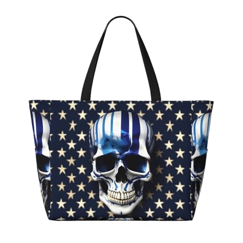 Blue Stripe Stars Skull Large Capacity Foldable Tote Bag Women Beach Tote Bag Handbag Gym Bag Travel Shopping Bag2