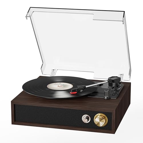 FYDEE Tocadiscos de Vinilo, Tocadiscos con Bluetooth Bidireccional, USB para Grabación y Reproducción, Altavoces Integrados y Compatibilidad 33/45/78 RPM, Auto Stop y Tapa Antipolvo, Oscuro