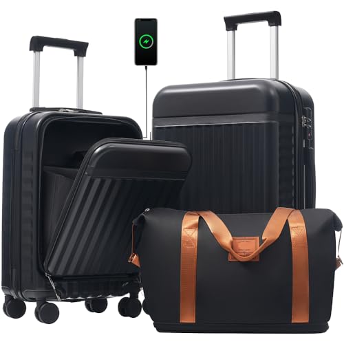3 Piece Front Opening Luggage Set Hardside Carry on Suitcase with USB Port Expandable Spinner Wheels TSA Lock (Black + ABS)