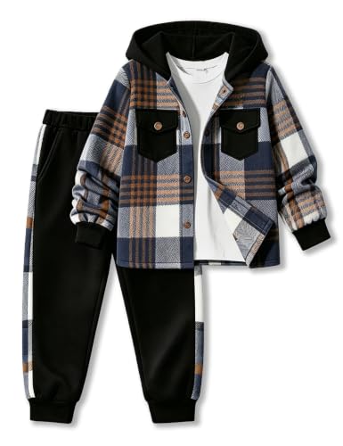 Image of Toddler Boy Clothes Plaid Hooded Shirt White T-shirt Top and Solid Color Pants 3Pcs Winter Boys Clothes