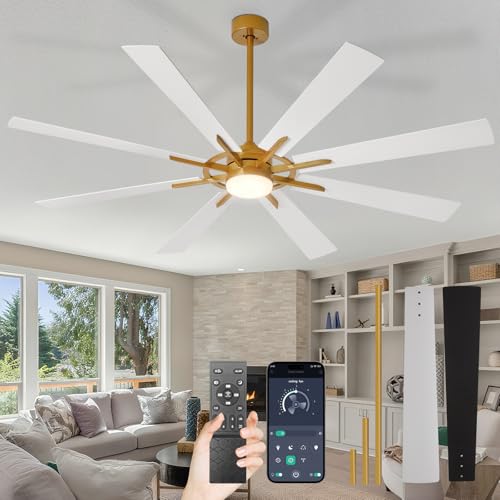Image of Depuley 72-Inch Ceiling Fan with Light: Modern 8-Blade Brass and White Indoor Outdoor Fans with Remote App Control Dimmable Light - Ultra Quiet DC Motor Reversible 6 Speed Timer