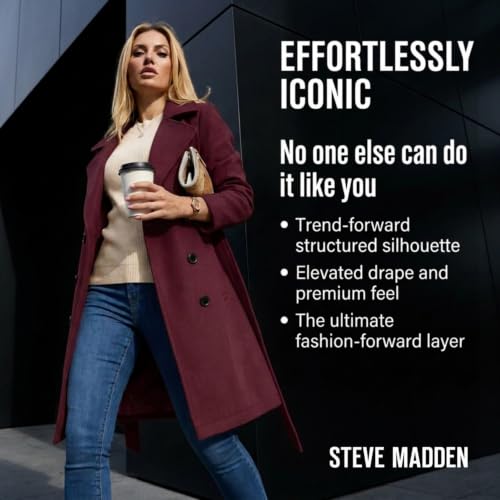 Image of Steve Madden Trench Coat for Women - Double-Breasted Long Winter Faux Wool Coat