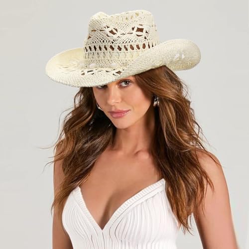 Image of DRESHOW Straw Cowboy Cowgirl Hat for Women Men Western Coastal Cowboy Beach Hat with Shapeable Brim Unisex Rolled up Caps