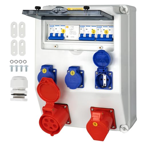 CHENGPI Distribuidor de Corriente para Construcción, Distribuidor de Pared para Obras con Disyuntor, 5P CEE Socket y Schuko Socket, Distribuidor de Consumo Eléctrico para Talleres y Fábricas